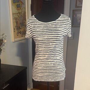 Navy Striped Women's Short Sleeve Top with Button Back